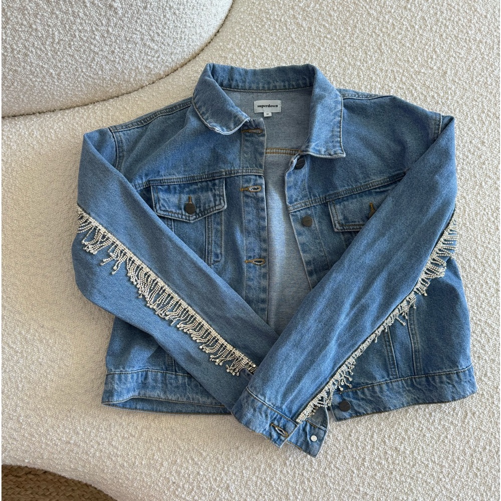 Superdown Revolve Raya Rhinestone Fringe Jacket in Light Blue Wash size large - Picture 8 of 8
